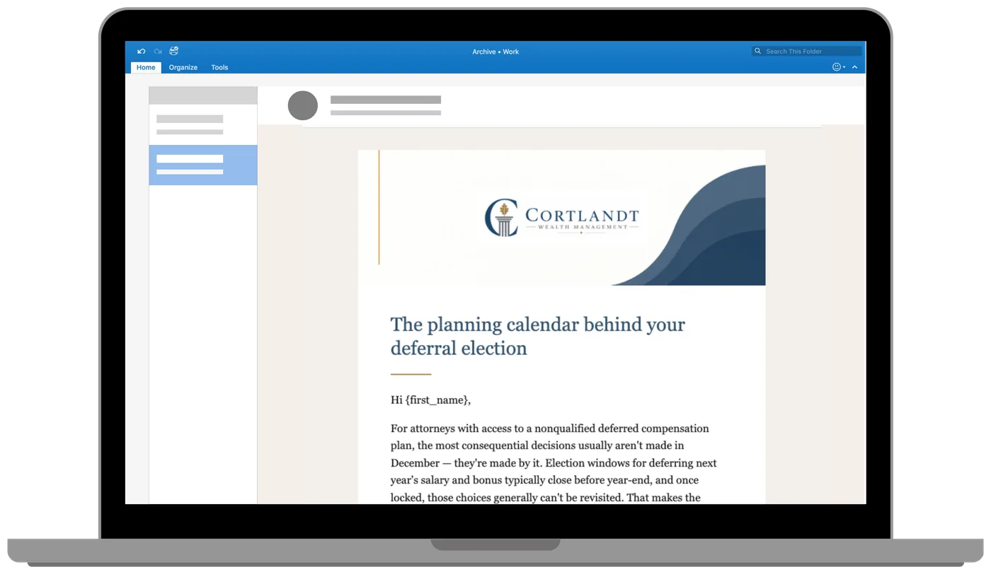 A branded client email open on a laptop