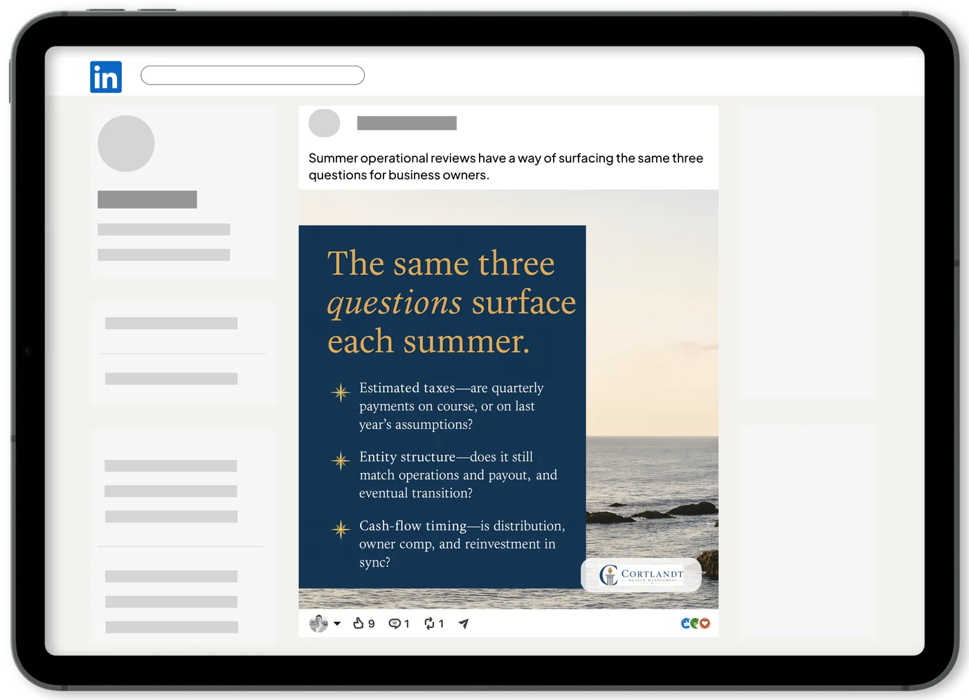 A branded LinkedIn post on a tablet